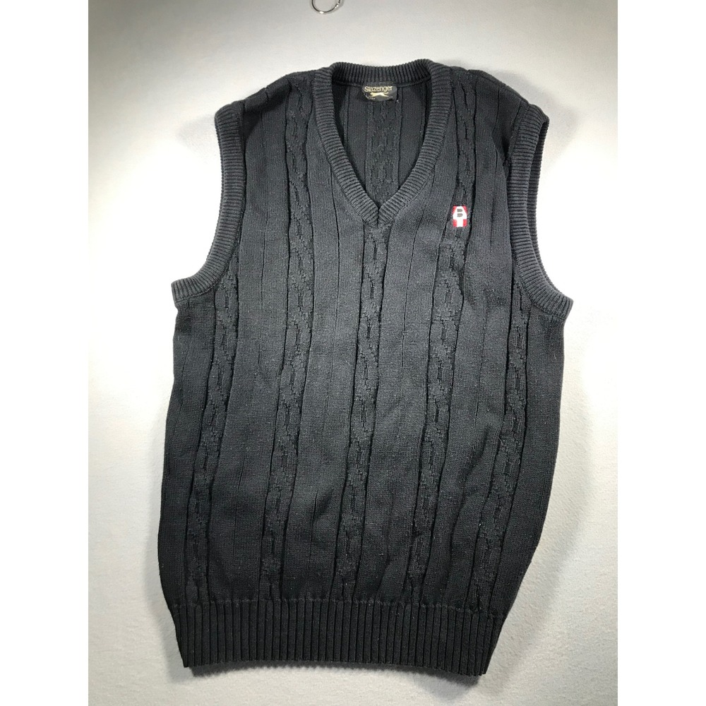 Slazenger Mens Cable Knit V-Neck Sweater Vest Black Logo CA01853 Size L